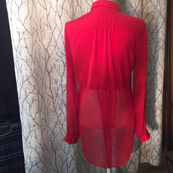 Free People flowing sheer red button down - Picture 5 of 8